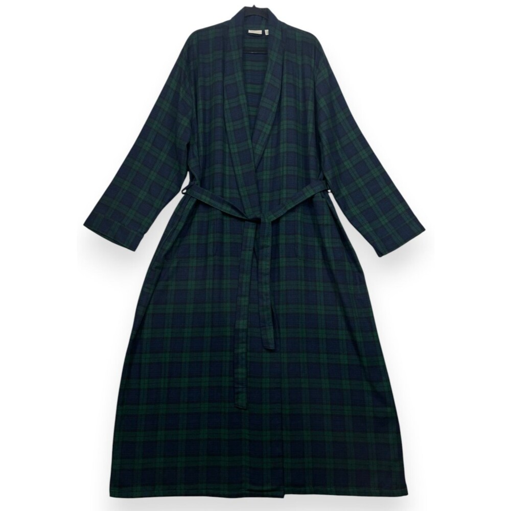 LL Bean Scotch Plaid Flannel Robe Womens 3X Navy Blue Green Cotton Belted Lounge